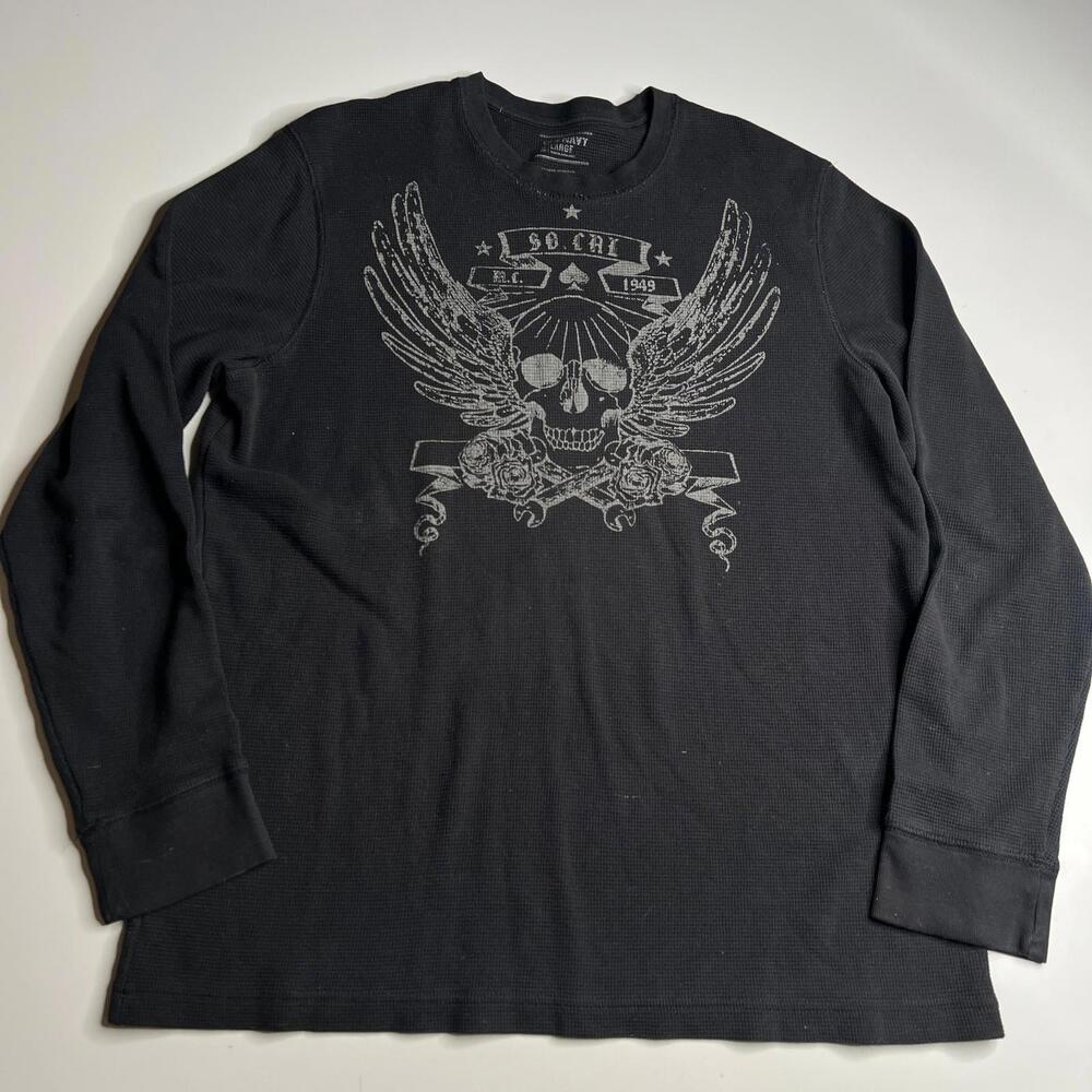 Old Navy Thermal Long Sleeve Shirt Men's Large Black Skull Wings Graphic